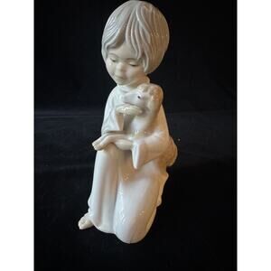 Vintage Porceval Spain Figurine Child with Lamb Glazed Porcelain 1970s Valencia